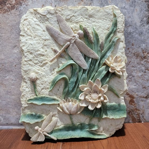 Botanical Clay Flower Dragonfly Art Wall Sculpture Plaster Cream Tile - Picture 4 of 14